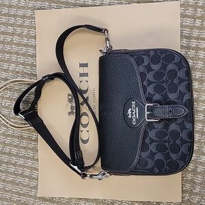 Coach Amelia Saddle Bag In Black Leather and Signature Jacquard